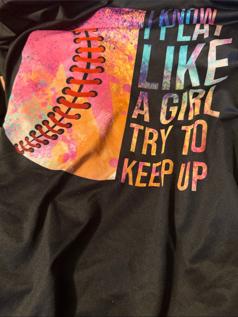 Girls' Black Short Sleeve Graphic Tee with Colorful Softball Design